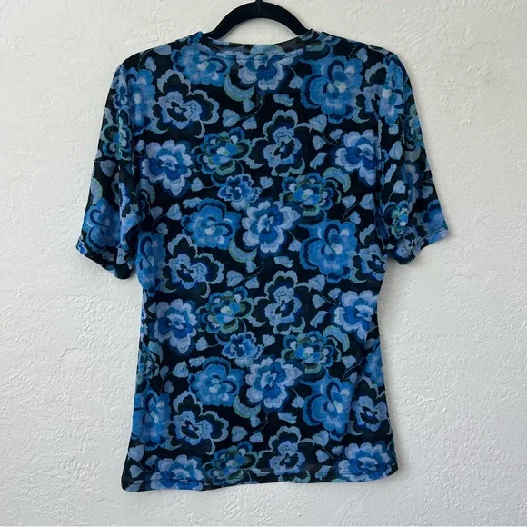 Johnny Was Blue Calanthe Mesh Top Allover Floral Print Stretchy Lg - Picture 5 of 9